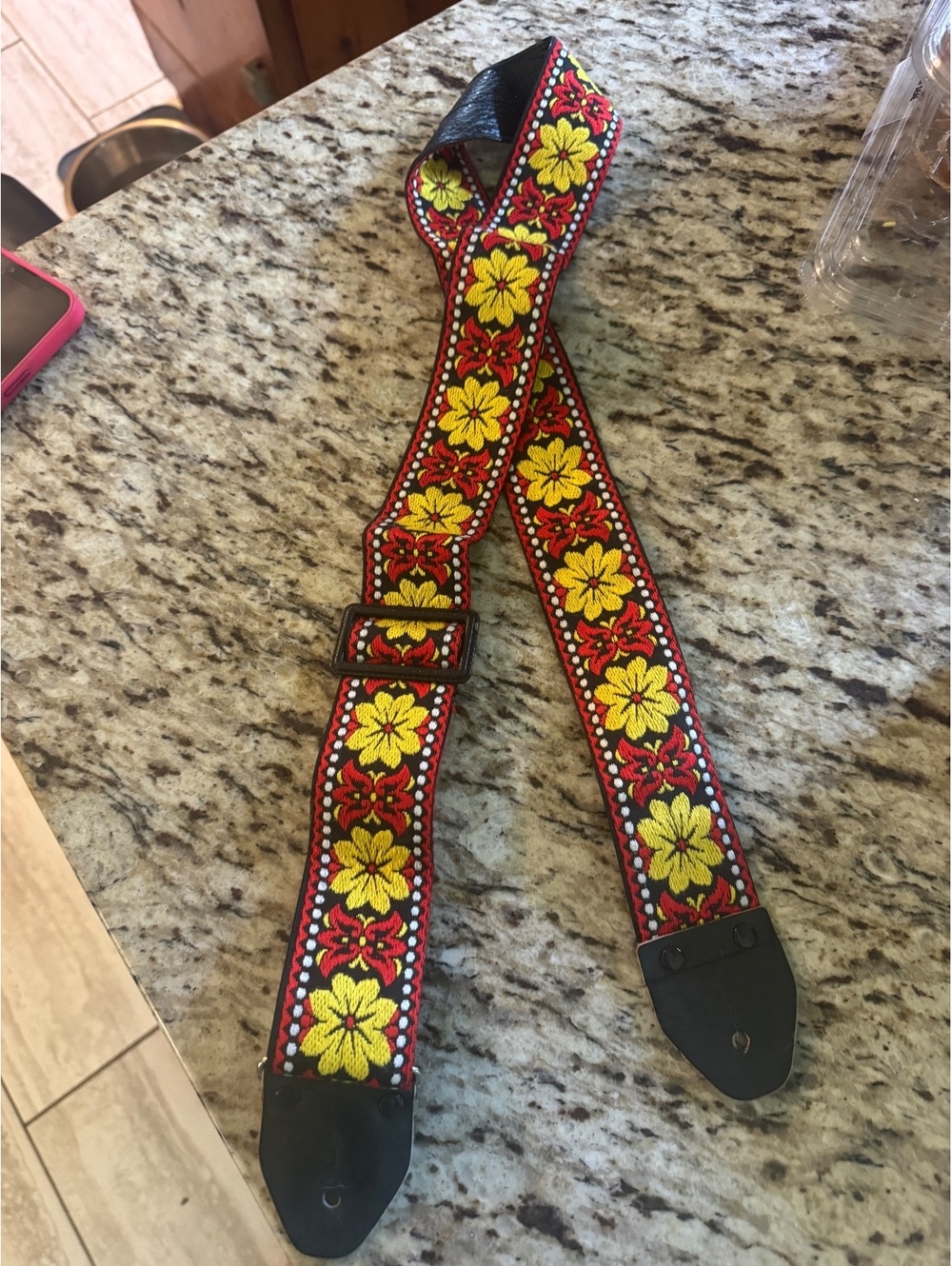 VINTAGE JAPAN LEATHER WOVEN FLORAL RED AND YELLOW GUITAR STRAP